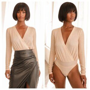 Lulus Do the Disco Gold Knit Metallic Surplice Plunge Long Sleeve Bodysuit